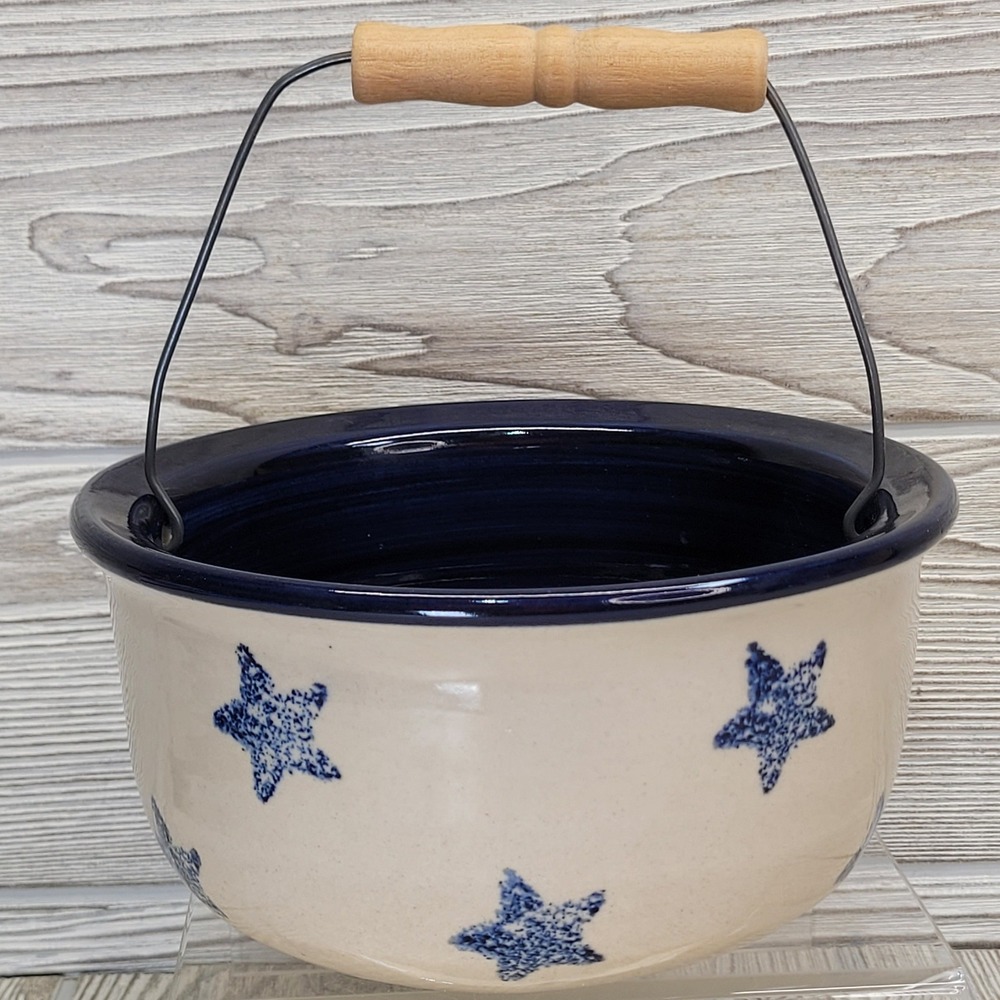 Marshall Pottery Stoneware Bucket Blue Cream Star‎ Ceramic Wood Handle 2000 EX